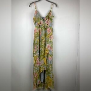 NWT Express Multicolor Floral Print Ruffle Faux Wrap Hi-Lo Maxi Dress, XS